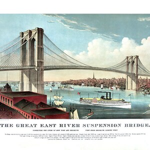 El gran puente colgante del East River: conecta Manhattan, Nueva York y Brooklyn, mirando hacia el oeste en 1883. NY0036 Póster vintage con impresión de mapa