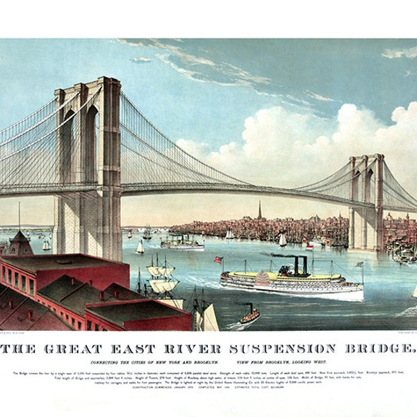 The great East River suspension bridge: connecting Manhattan New York and Brooklyn, looking west 1883.  NY0036 Vintage Poster Print Map