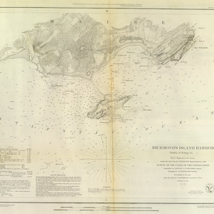 Nautical Chart of Richmond&#39;s Island, Maine ME, 1851. Vintage Home Deco Style Old Wall Map Reproduction.