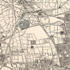 May include: A black and white map of London, England, showing the areas of Hammersmith, Kensal Green, and East Acton. The map includes street names, landmarks, and railway lines.