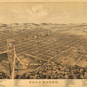 Karte von Kalamazoo, MI, 1874. Vintage Landkarte, Restaurationsmaterial home-Deco-Stil Wandbild