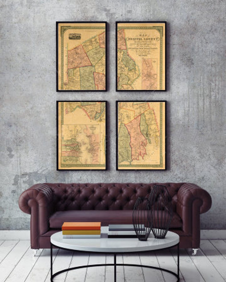 Map of Bristol County, Massachusetts, MA. 1852. Vintage restoration hardware home Deco Style old wall reproduction map print. image 2