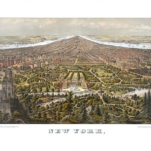 Manhattan, Nueva York, con Central Park en primer plano. Reimpresión vintage de pared antigua de Restoration Hardware, estilo Home Deco, 1873. NY0091