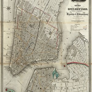 Landkarte von Manhattan, Brooklyn, Williamsburg, 1840. New York, NYC.  Restauration Hardware Home Deco Stil Alte Mauer Vintage Reprint.