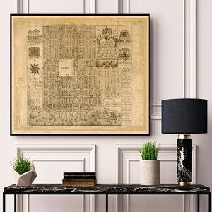 May include: A vintage map of New York City, framed in black, hangs above a black console table with a lamp, a potted plant, and a stack of books. The map is printed on aged paper with a sepia tone and shows the city's layout with streets and buildings.