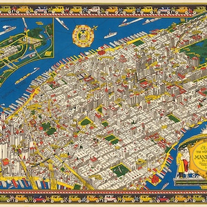 Mapa pictórico de Manhattan, Nueva York, 1926. Impresión de mapa mural antiguo, estilo art déco, restaurado y restaurado.