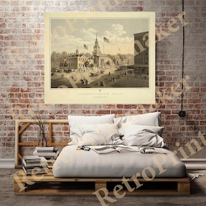 May include: An antique illustration of Independence Hall in Philadelphia, Pennsylvania. The building is surrounded by trees and people. The illustration is in a vintage style with a light brown background.