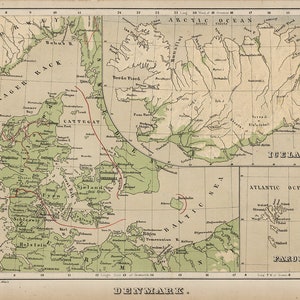 Carte de l'Islande, du Danemark et des îles Féroé, 1880. Reproduction de carte murale ancienne de style déco maison vintage.