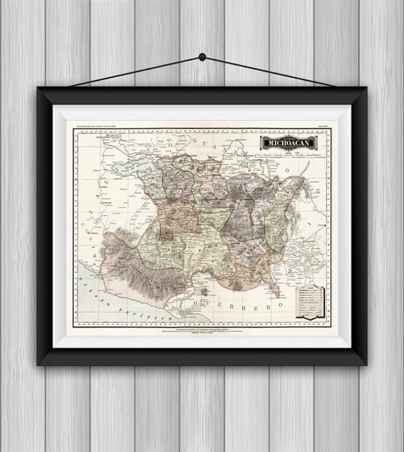Map of Michoacan, Mexico, 1886. Vintage Home Deco Style Old Wall