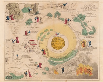 Illustration The Road From the City of Destruction to the Celestial City - The Pilgrim&#39;s Progress 1850. Vintage home Décor reproduction map.
