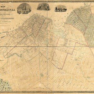 Mappa di Brooklyn, New York NY LI., con parte di Williamsburg. 1850. Ristampa vintage da parete in stile Deco per la casa di Restoration Hardware.