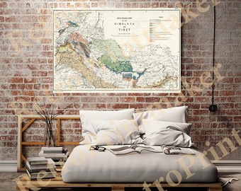 Geological Map of Himalaya and Tibet, 1933 .  Restoration Hardware Home Deco Style Old Wall Map. Vintage Reproduction