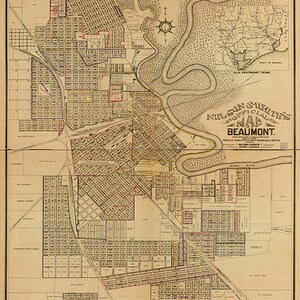 Carte de Beaumont, Texas, TX, comté de Jefferson, 1902. matériel de restauration vintage maison impression de reproduction de carte murale de style déco.