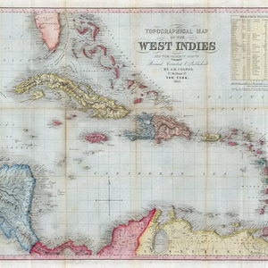 Mapa das Índias Ocidentais 1853. Hardware de restauração vintage para casa Impressão de mapa de reprodução de parede antiga em estilo Deco.
