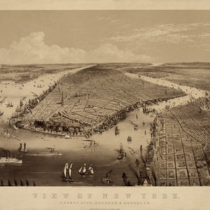 Manhattan, Nueva York: Jersey City, Hoboken y Brooklyn, 1858. Reimpresión vintage de Restoration Hardware, estilo decoración del hogar. NY0045