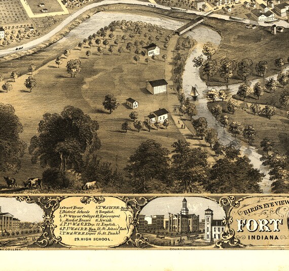 1868 年インディアナ州アレン郡フォートウェインの地図。ビンテージ