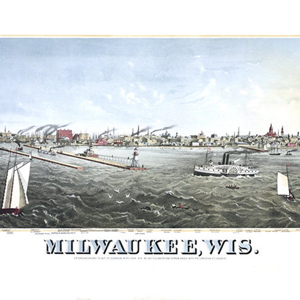 Milwaukee, Wisconsin from Seashore Harbor view, WI 1874.  Histroical Reproduction Print Map WI0003