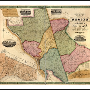 Map of Mercer County., New Jersey (NJ) 1849;  Vintage home Decor Style old wall reproduction map print.
