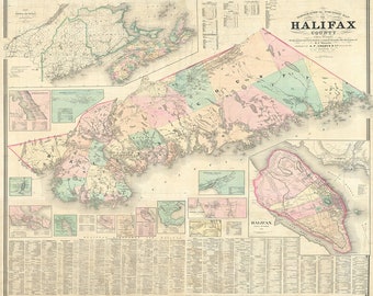 Map of Halifax County, Canada 1864. Home Deco Style Old Reproduction.