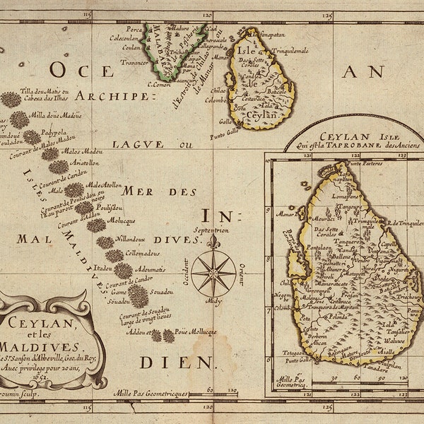Map of Ceylan, et les Maldives, Sri Lanka, 1652. Kartenslg Mappe.  Vintage home Deco Style old wall reproduction map print.