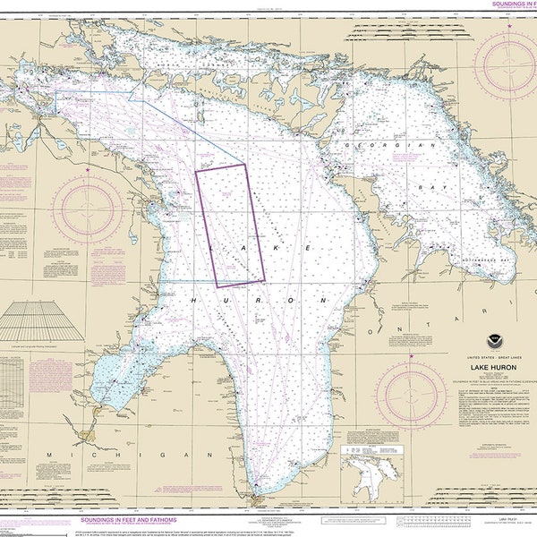 Nautical charts of Lake Huron, Great Lake. 14860. Georgian Bay.  Home Deco Style old wall reproduction map print.