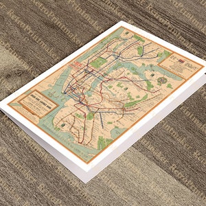 Tarjeta de felicitación del mapa del sistema de metro de la ciudad de Nueva York 1954.  Mapa de reproducción vintage.