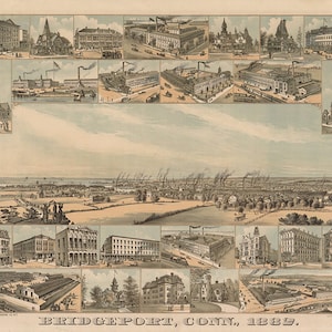 Bridgeport, Conneticut (CT.) 1882 Vogelperspektive Reproduktion Vintage Druck Panorama Kunst Poster Karte CT0006
