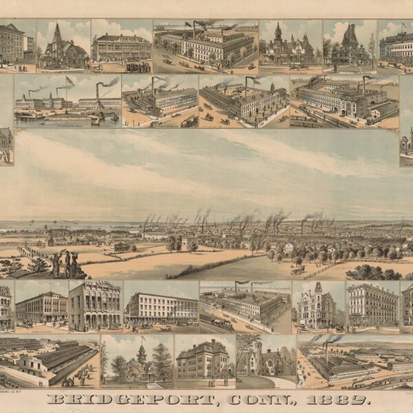 Bridgeport, Connecticut (CT.) 1882 Bird’s-eye View reproduction vintage Print Panoramic Art Poster Map CT0006