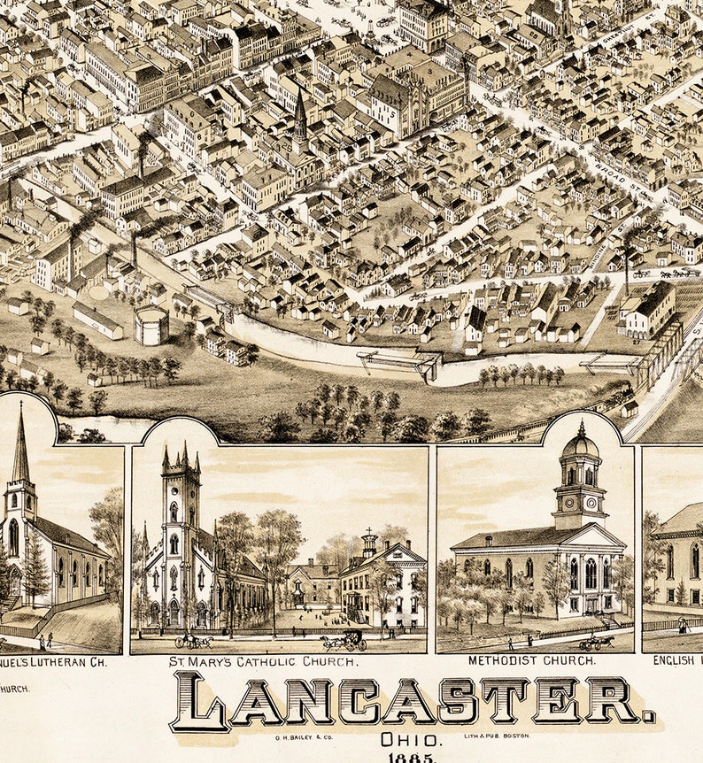 Map of Lancaster Fairfield Ohio OH 1885. Vintage restoration Etsy