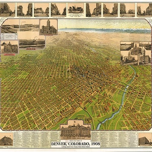 Carte de Denver, Colorado, 1908 (carte en un seul morceau). Reproduction d'une carte murale vintage de style déco maison ancienne.