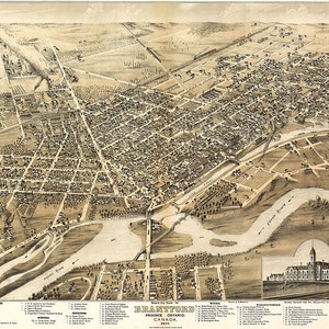 Brantford, Ontario, Canadá en 1875. Impresión de reproducción de mapa de pared antiguo de estilo Deco de casa de hardware de restauración vintage.