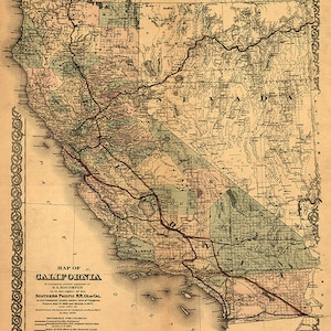 Karte von California CA, 1876. Restaurierung Hardware Home Deco Stil alte Mauer Vintage Reprint.