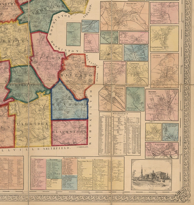 Map of Worcester County Massachusetts MA. 1857. Vintage Etsy