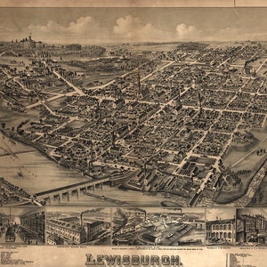 Carte de Lewisburg (Lewisburgh), Union County, Pennsylvanie, PA 1884. Reproduction giclée sur mur vintage de style déco maison.