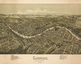 Map of Carnegie, Allegheny Co., Pennsylvania, PA 1897.  Restoration Hardware Home Deco Style Old Wall Giclee Reproduction.