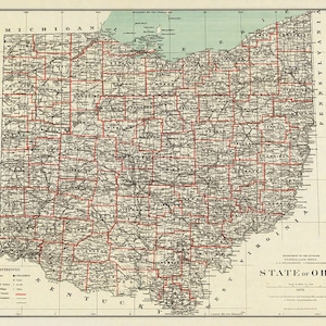 Map Of State of Ohio OH 1878. Vintage home Deco Style old wall reproduction map print.