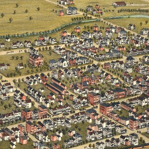 May include: An aerial view of a city block with a variety of buildings, including houses, churches, and businesses. The buildings are painted in a variety of colors, including red, white, and blue. The streets are lined with trees and there is a river running through the center of the block.