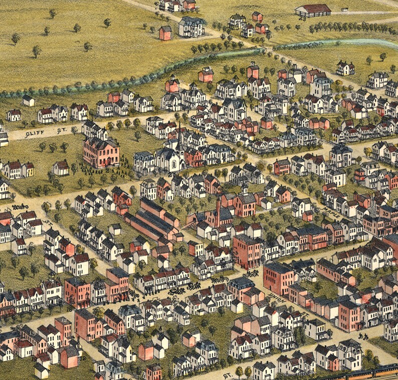May include: An aerial view of a city block with a variety of buildings, including houses, churches, and businesses. The buildings are painted in a variety of colors, including red, white, and blue. The streets are lined with trees and there is a river running through the center of the block.