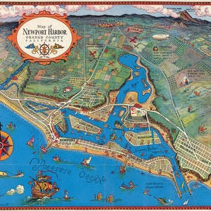 Carte du port de Newport, comté d'Orange, Californie. Impression de carte de reproduction murale ancienne de style déco vintage pour la maison.