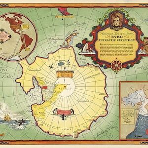 Mapa de la Segunda Expedición Antártica Richard Evelyn Byrd.  1934. Mapa de reimpresión vintage.