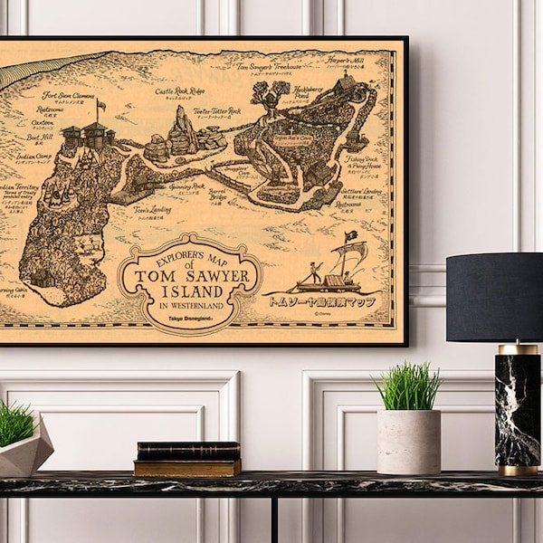 Karte von Tom Sawyer Island in Westernland Attraktion Poster Disneyland Vintage Kinderzimmer Druck Disney World Vintage Disney Art Kinderzimmer