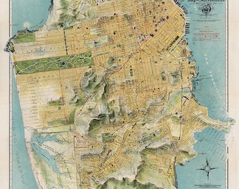 Old Map of San Francisco, California CA, 1912 from August Chevalier. Vintage home Deco Style old wall reproduction map print.