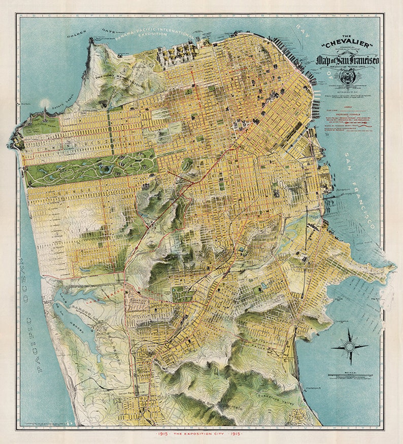 Old Map of San Francisco, California CA, 1912 from August Chevalier. Vintage home Deco Style old wall reproduction map print. image 1