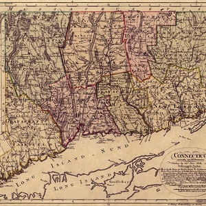 Map of Connecticut, CT.  Hamburg, 1796.  Vintage restoration hardware home Deco Style old wall reproduction map print.