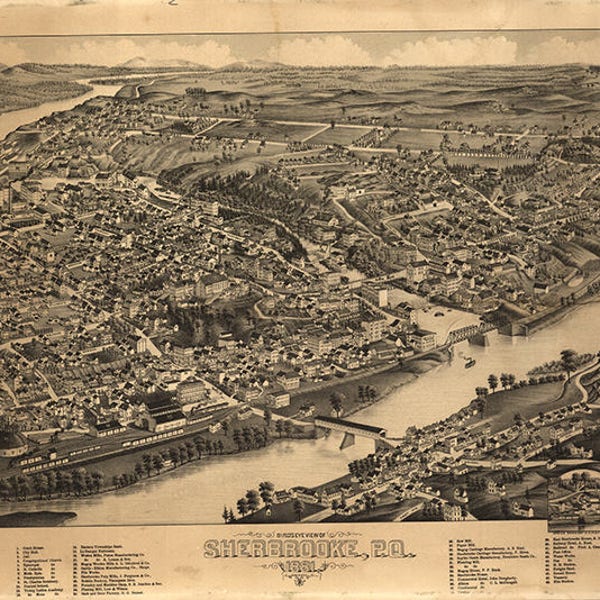 Map of Sherbrooke, Quebec, Canada in 1881.  Reproduction Vintage Bird's Eye View Map.