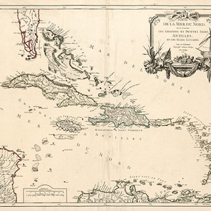 Mapa das Ilhas das Índias Ocidentais (Índias Ocidentais). 1750. Impressão de mapa de reprodução de parede antiga em estilo Deco, de restauração vintage.