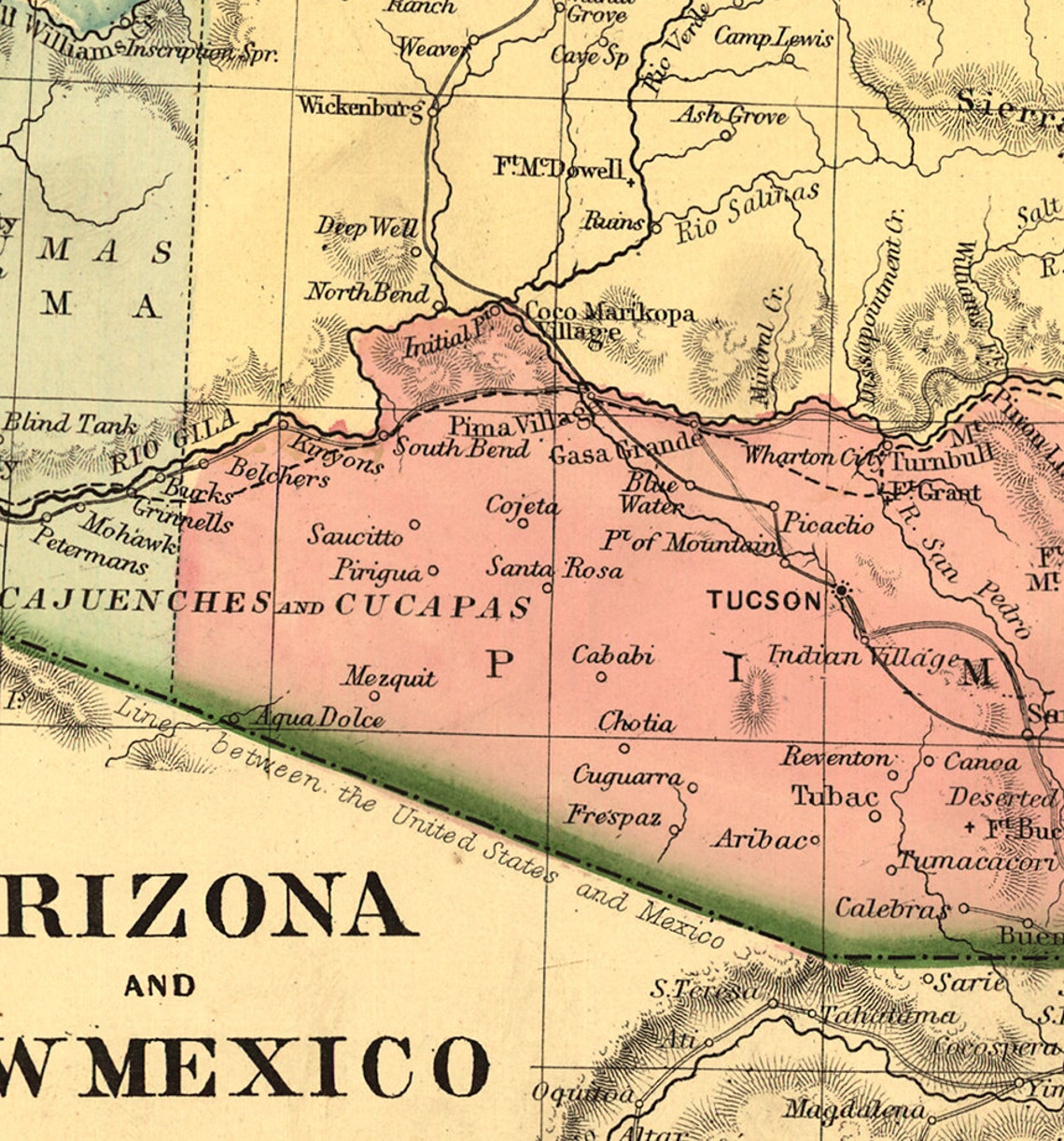 Map of Arizona and New Mexico 1867. Restoration Hardware Home Etsy
