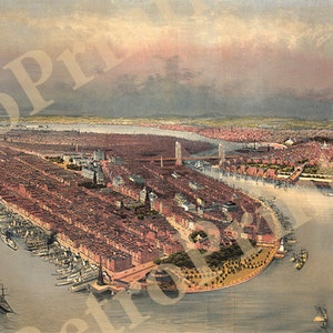 Mappa di New York che mostra il lungomare, il ponte di Brooklyn. Riproduzione di mappa da parete in stile vintage home deco