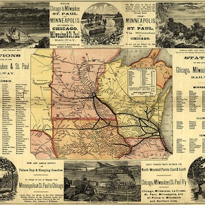 Chicago, Milwaukee i St. Paul Railway 1874. Zawiera wstawkę mapy dzielnicy biznesowej Chicago i 8 widoków. Odbitka reprodukcyjna.