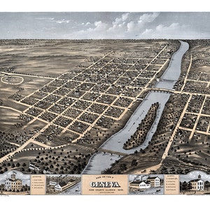 Ginebra, condado de Kane, Illinois, 1869. Vista al noroeste. Impresión de mapa antiguo de pared, estilo art déco, restaurado por una ferretería vintage.